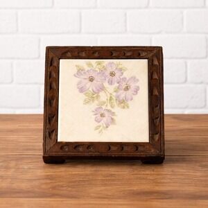 Vintage 1981 Italian Ceramic Tile Wood Framed Trivet Floral Purple 7.
